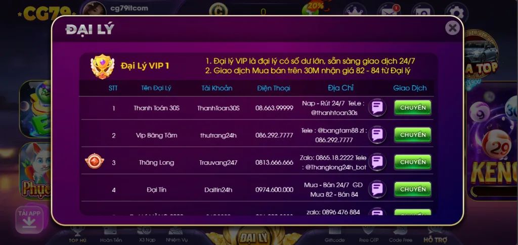Nạp Tiền CG79 qua đại lý